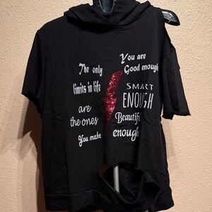 Black graphic ‘you are good enough’ ripped one shoulder hoodie NWT Womens small